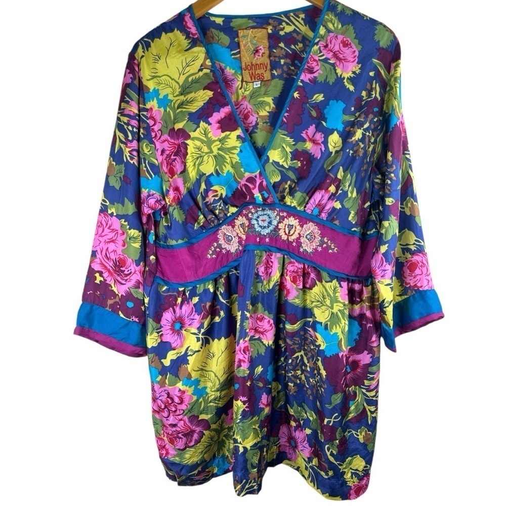 Johnny Was Embroidered Silk Tunic Dress Blue Pink Floral Size Large - Picture 13 of 13